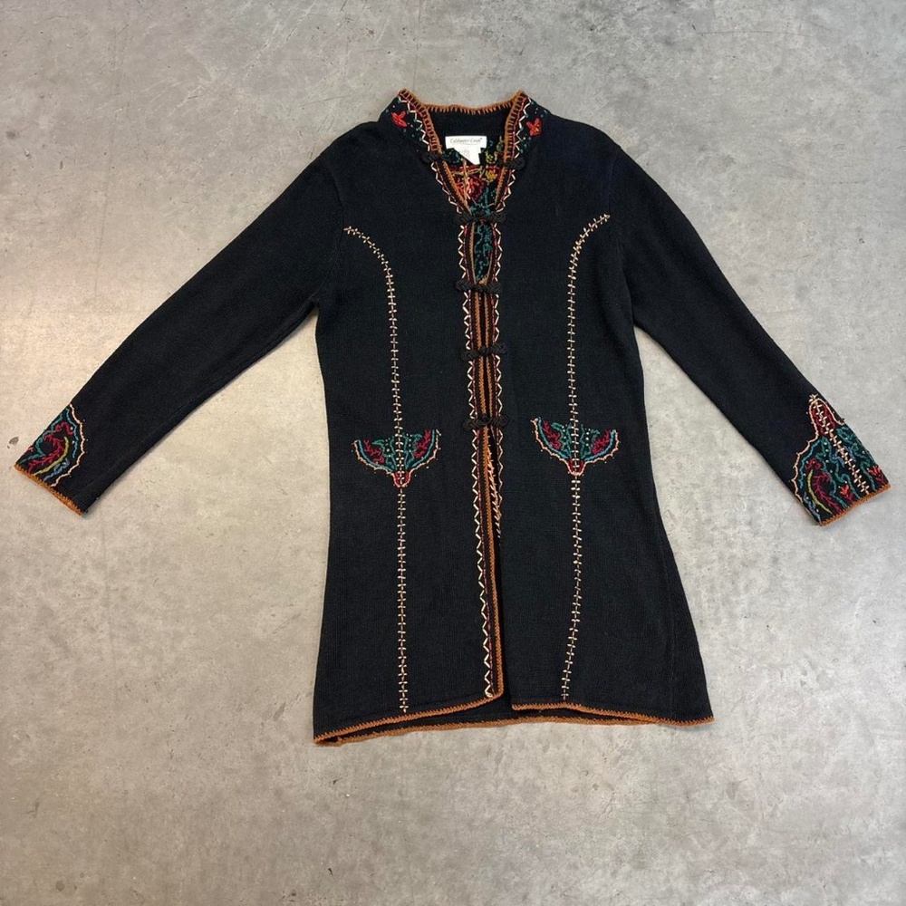 Vintage WhimsyGoth long Black and multi-coloured embroidered cardigan
